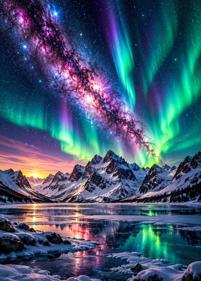 Aurora Borealis Over Snowy Mountain Lake