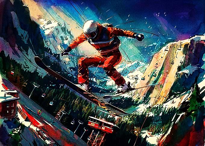 Dynamic Watercolor Skiing Action Scene