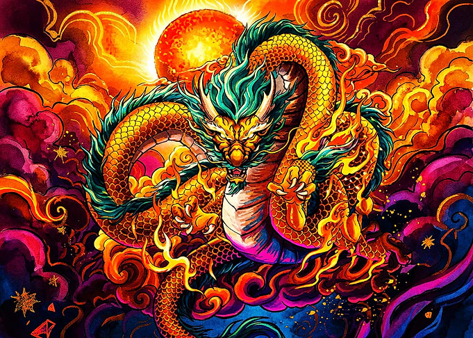 Majestic Golden Dragon in Fiery Clouds
