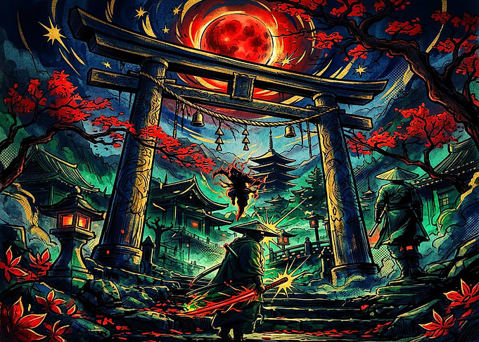 Samurai at Torii Gate Under Blood Moon