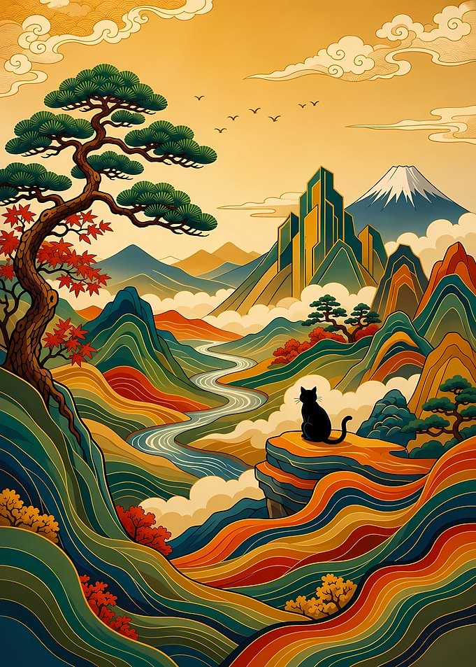 Black Cat Overlooking Japanese Landscape