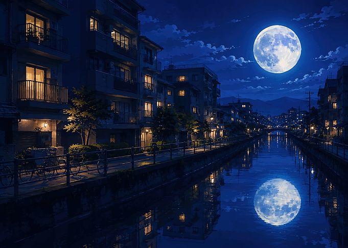 Full Moon Over Japanese Canal