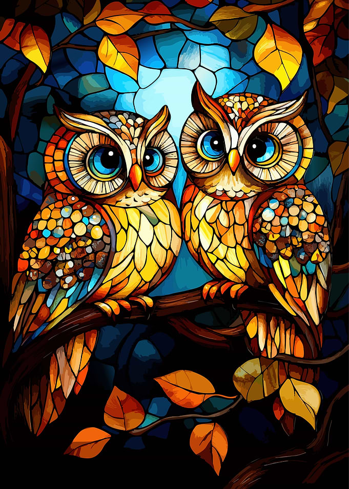 Stained Glass Style Owl Pair