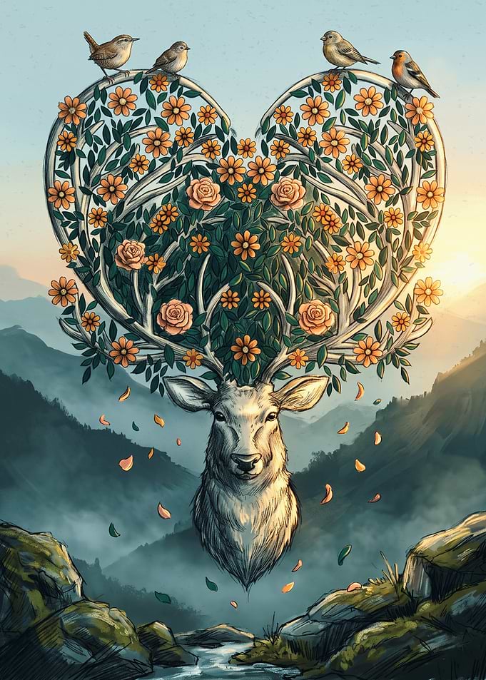 Floral Heart Antler Deer Illustration