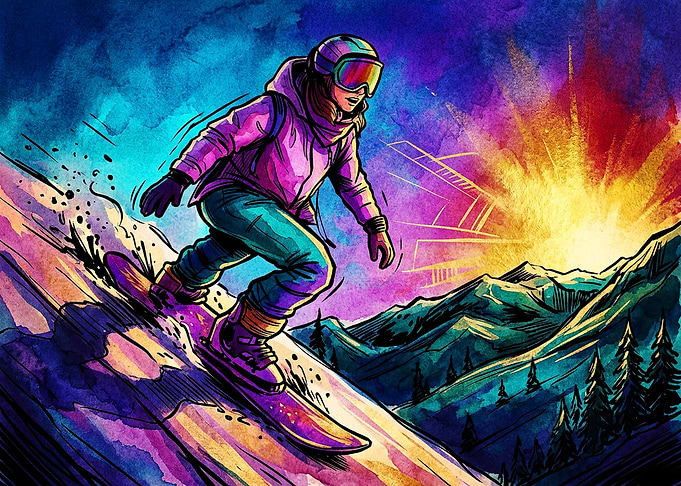 Vibrant Watercolor Snowboarder on Mountain