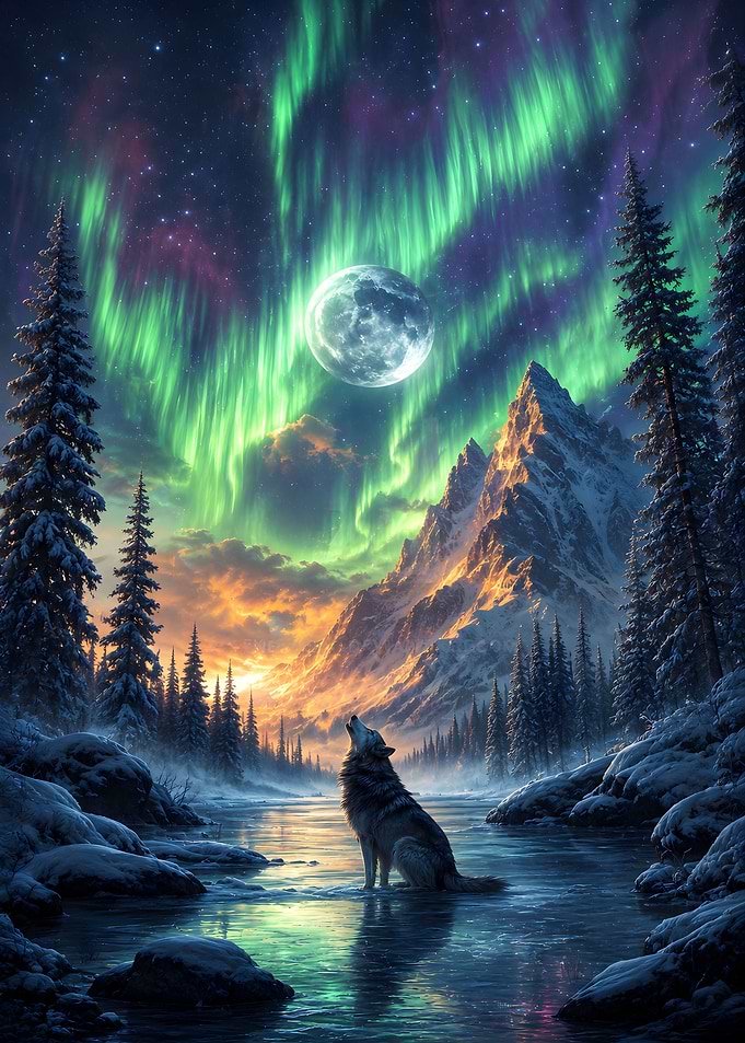 Wolf Howling Under Northern Lights