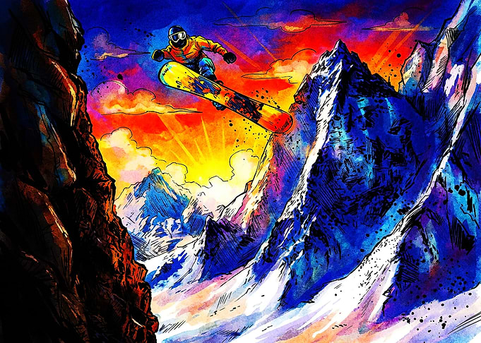 Vibrant Snowboarder Jumping Over Mountains
