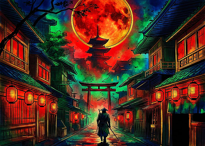 Samurai Walking Under Blood Moon
