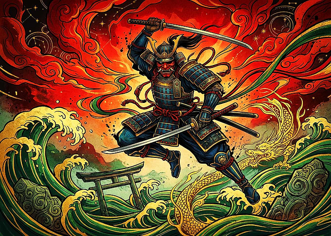 Dynamic Samurai Warrior with Dragon