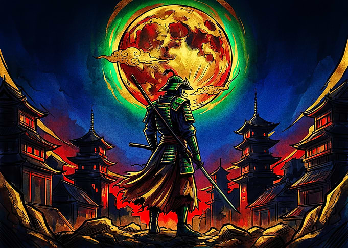 Samurai Standing Under Blood Moon