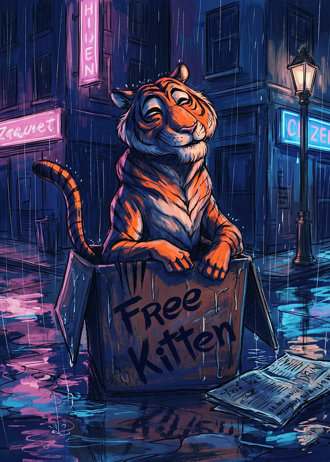 Tiger in a Free Kitten Box