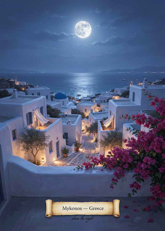 Mykonos Moonlit Balcony Streetscape — Romantic Mystical Aegean Night Art