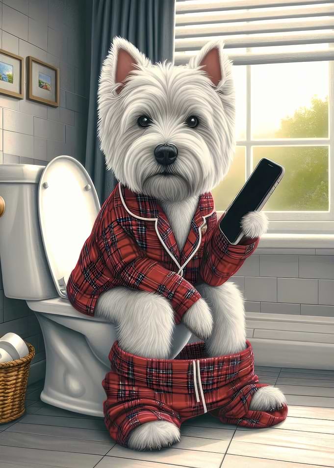 Westie Dog in Pajamas on Toilet