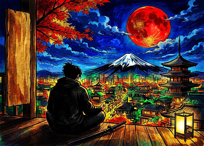 Meditating Samurai Under Red Moon
