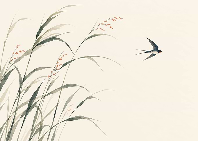 Minimalist Swallow and Reeds Painting