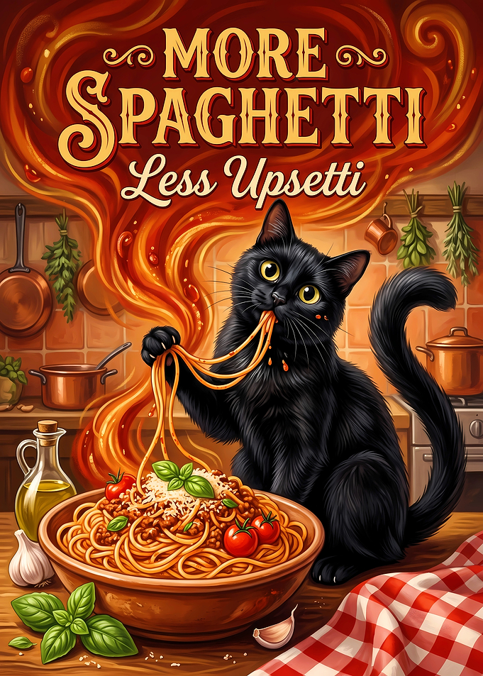 Black Cat Eating Spaghetti Poster