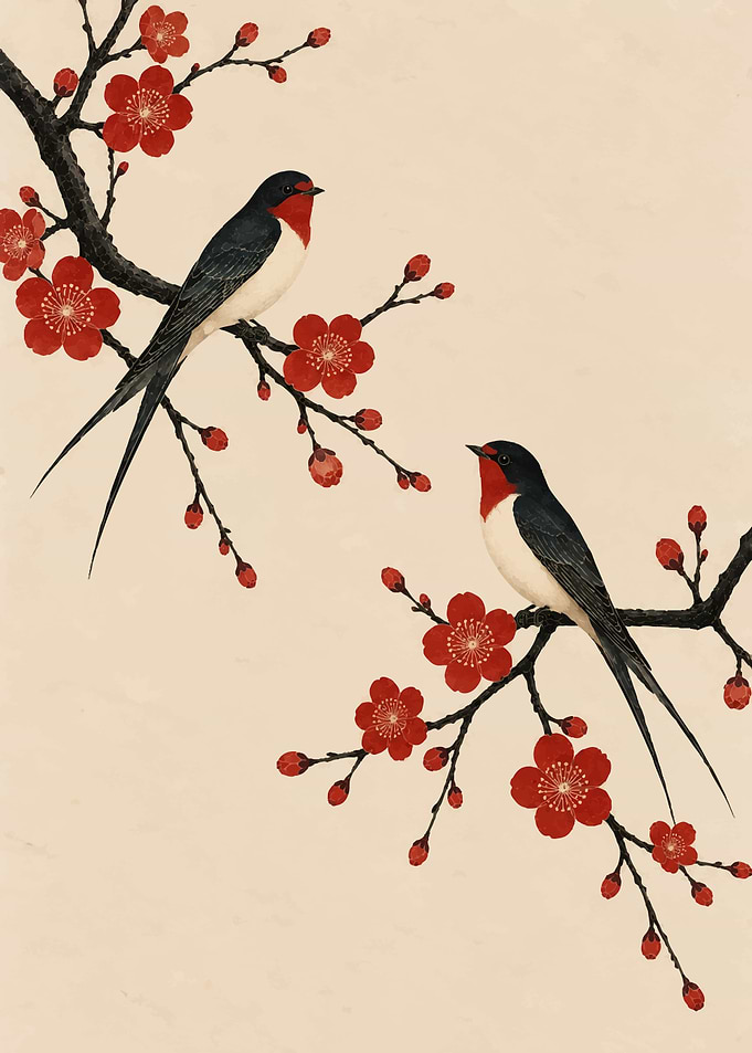 Swallows Perched on Plum Blossom Branches