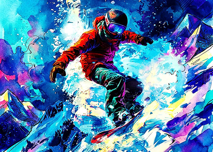 Vibrant Watercolor Snowboarder Action Art
