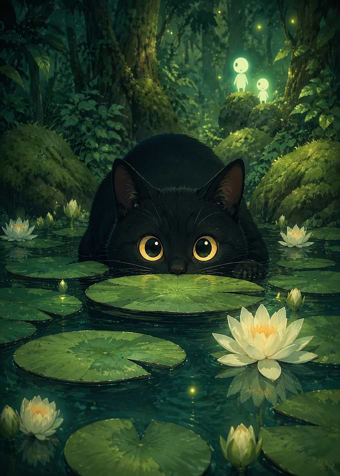 Black Cat in Enchanted Forest Pond