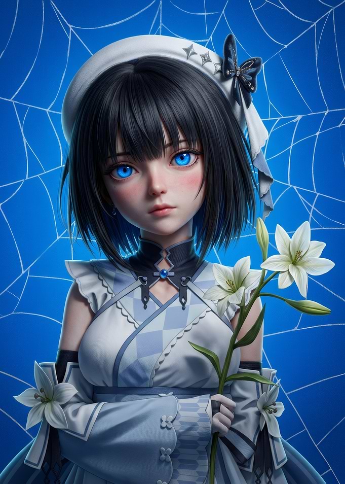 Anime Girl with Lilies and Web