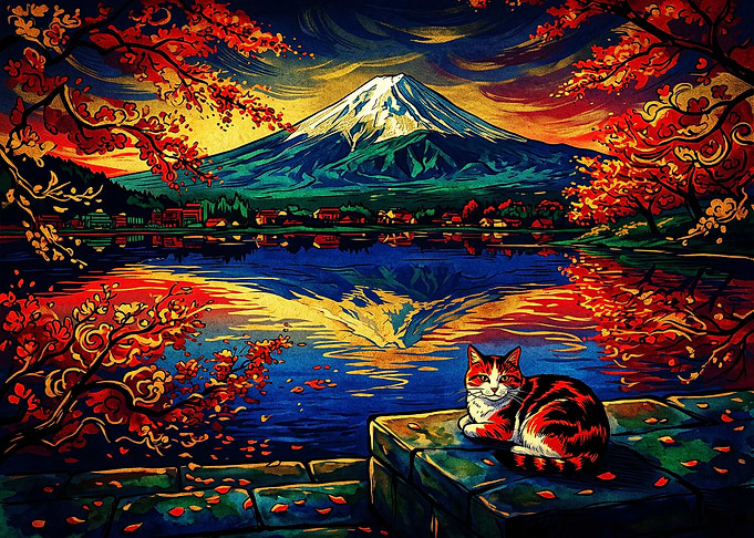 Cat Watching Mount Fuji at Sunset