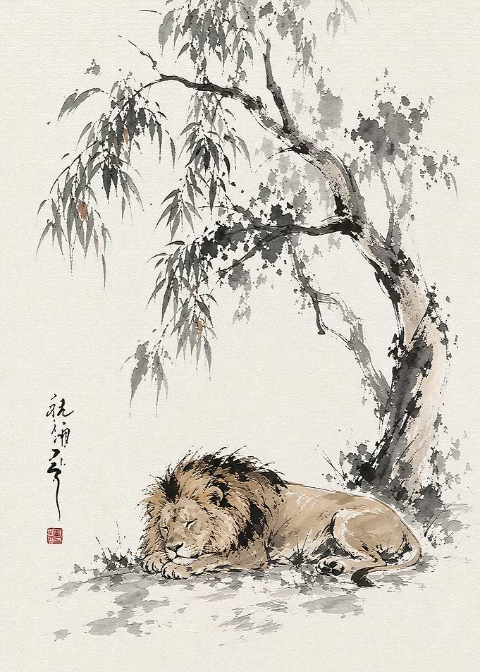Sleeping Lion Under Willow Tree