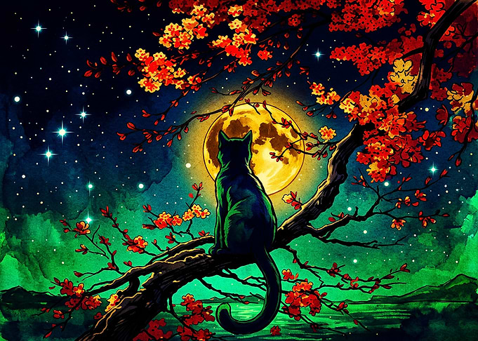 Black Cat Under Full Moon