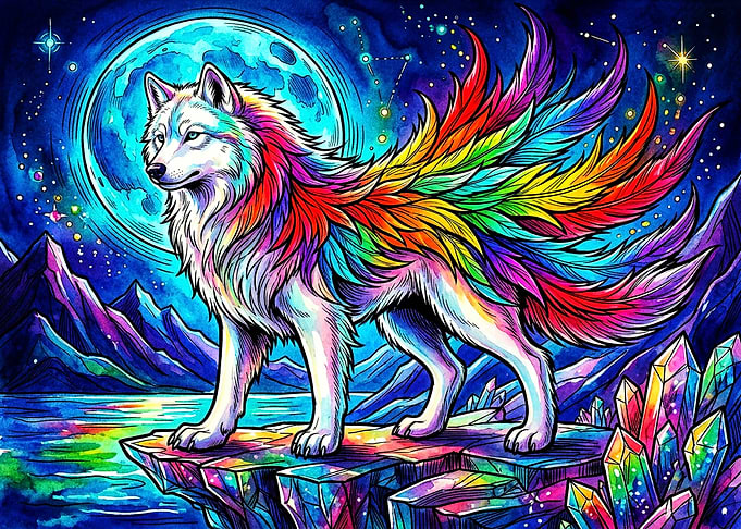 Rainbow Winged Wolf Fantasy Art