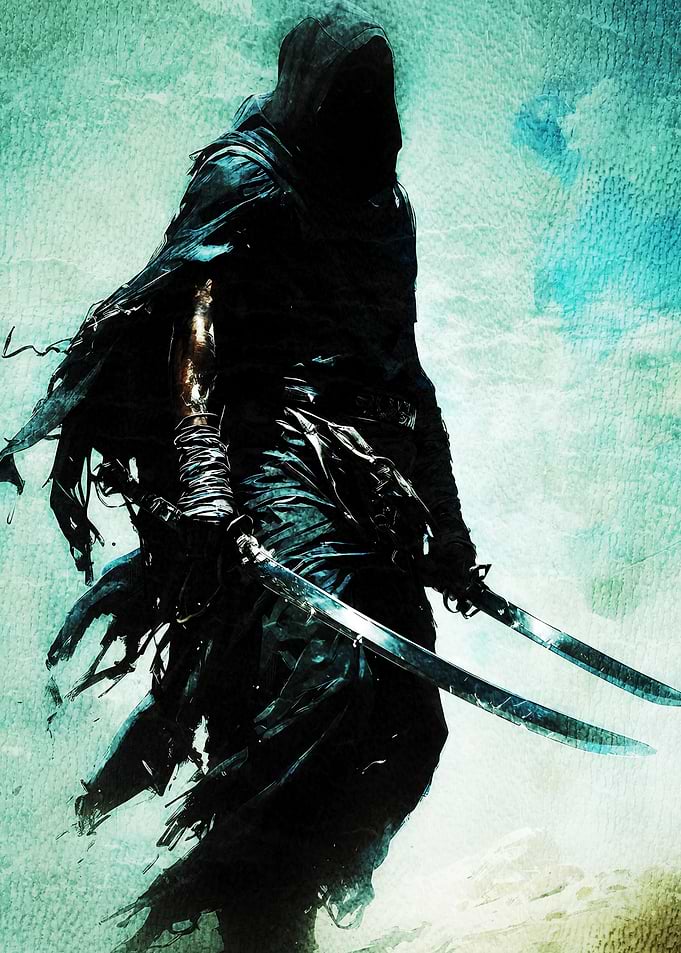 Hooded Warrior with Dual Katanas