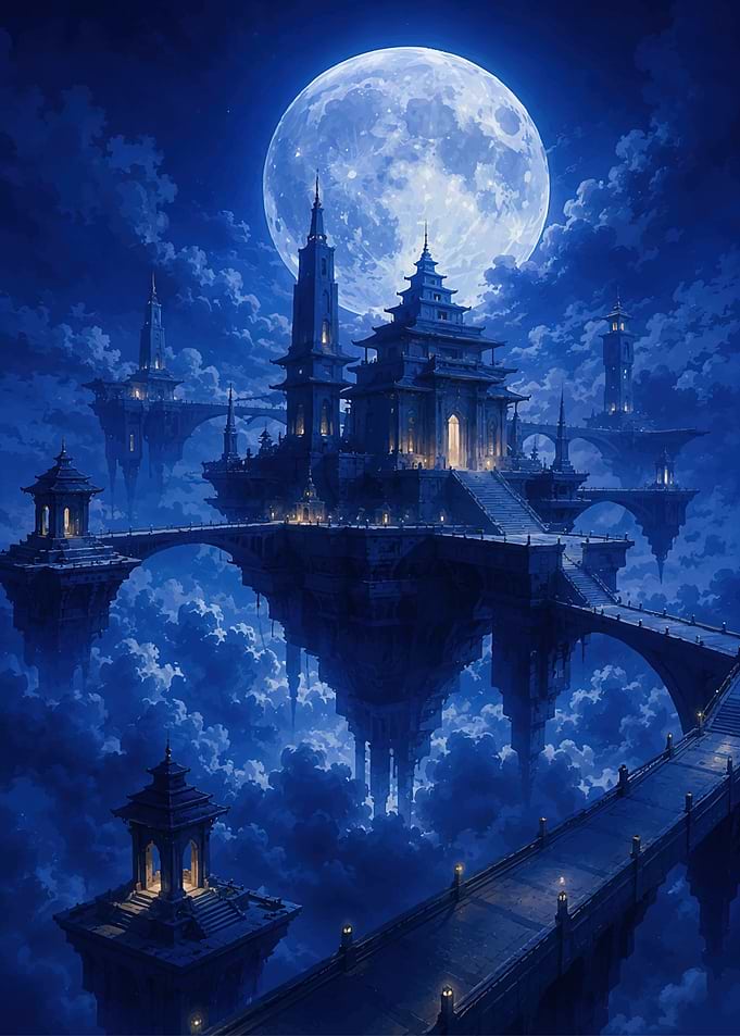 Floating Celestial Palace Under Full Moon