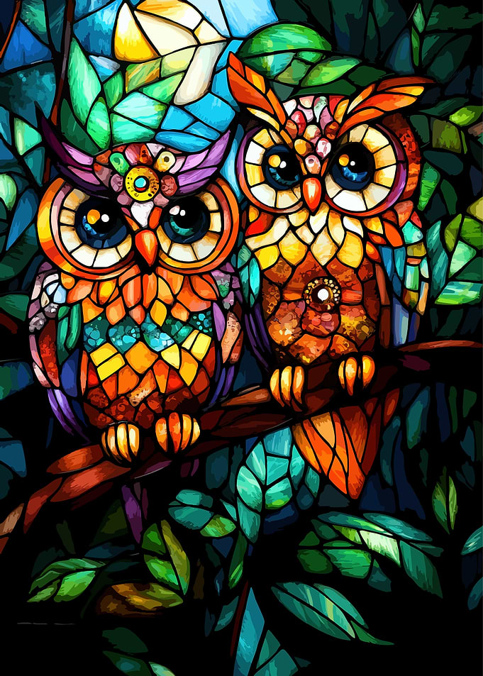 Stained Glass Style Owl Pair