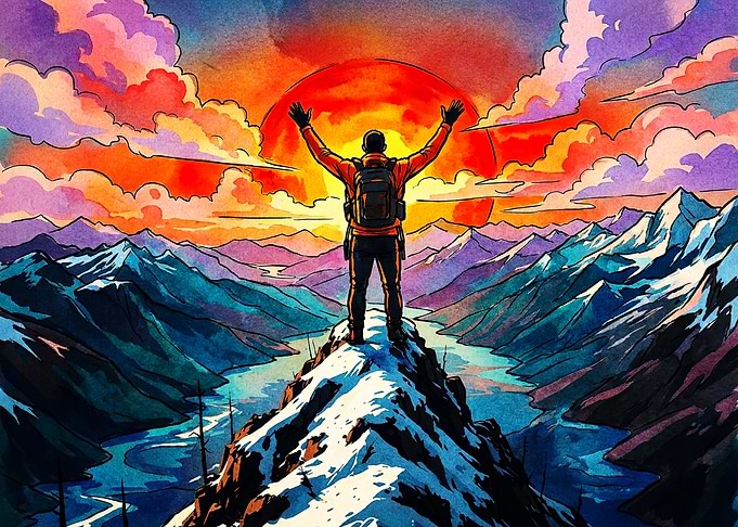 Hiker Standing on Mountain Peak