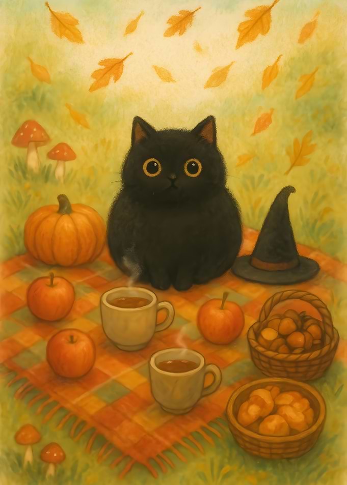 Halloween Cute Black Cat Autumn Picnic