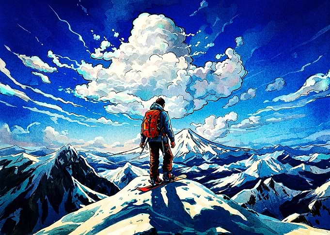 Snowboarder Standing on Mountain Peak