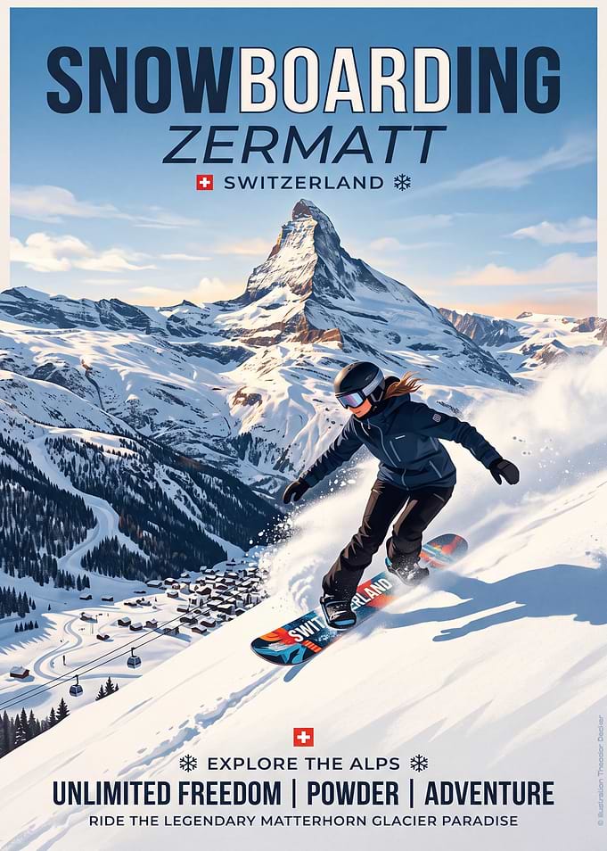 Snowboarding Zermatt Matterhorn Travel Poster