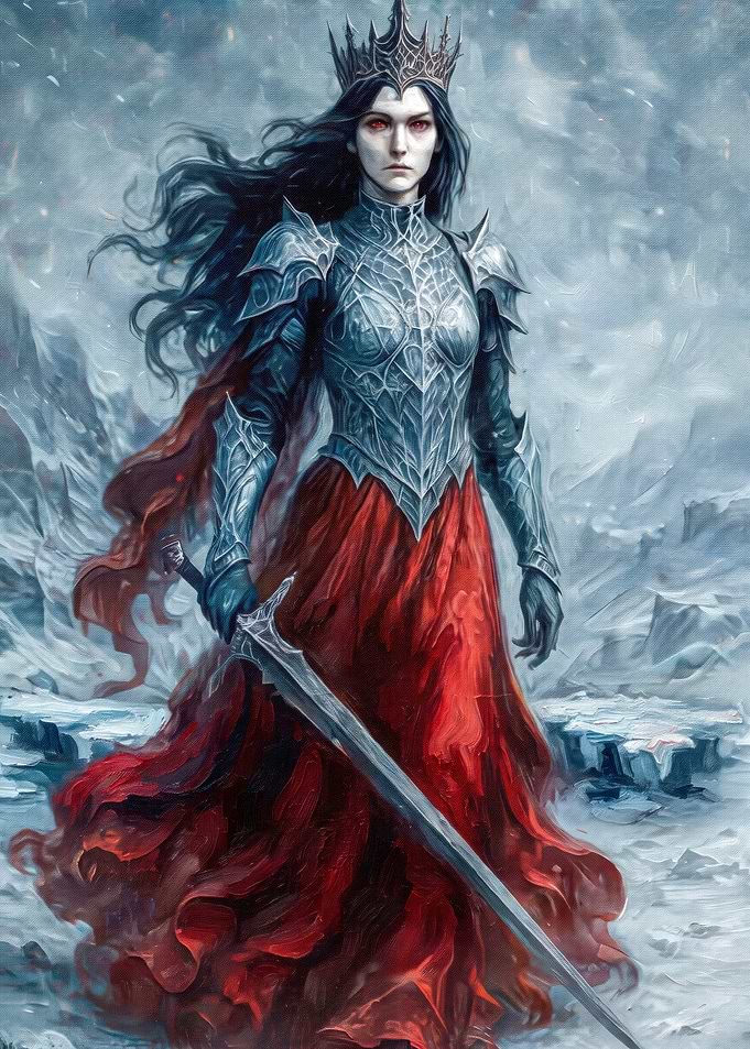 Warrior Queen in Red and Silver