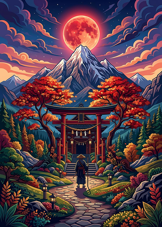 Samurai at Shrine Under Red Moon