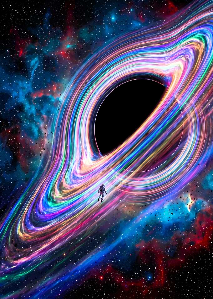 Astronaut Floating Near Colorful Black Hole