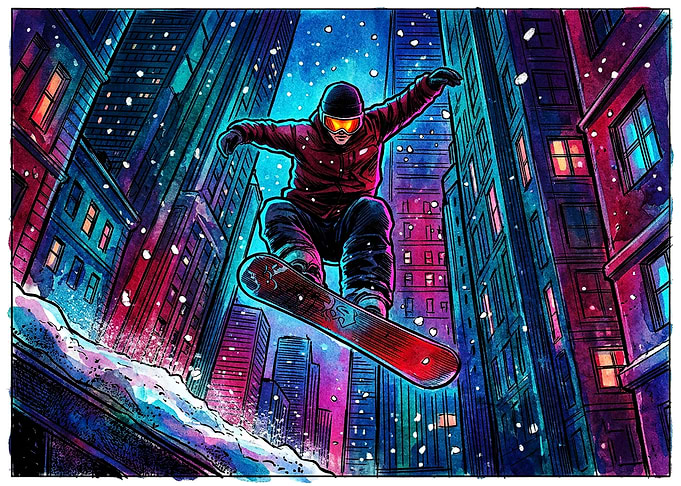 Snowboarder Jumping Through Neon City
