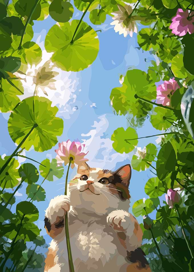 Calico Cat Among Lotus Flowers