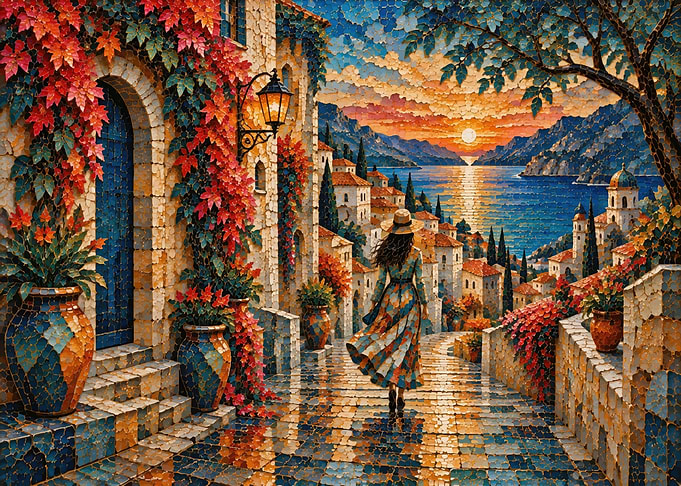 Woman Walking Through Mediterranean Village