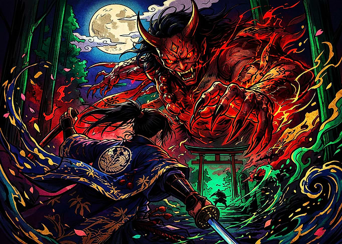Samurai Battling Oni Demon