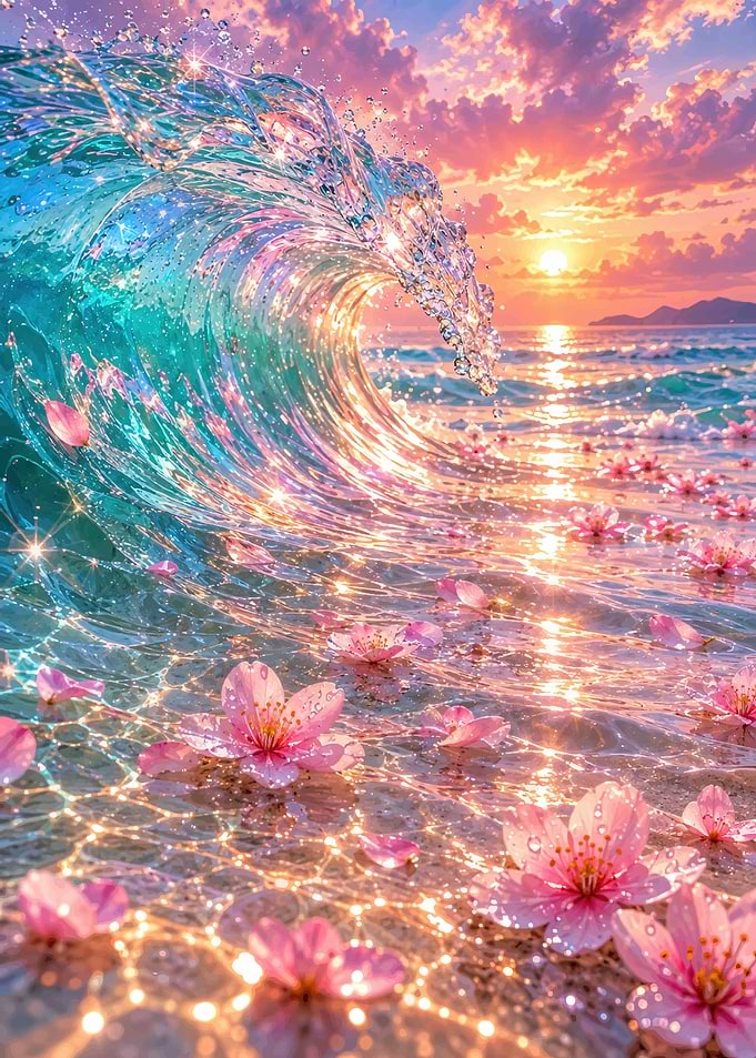 Sparkling Cherry Blossom Ocean Wave
