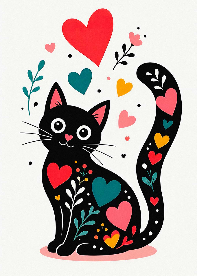 Cute Black Cat With Hearts Illustration