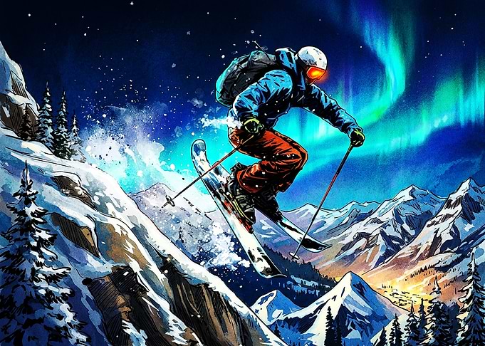 Skier Jumping Under Northern Lights