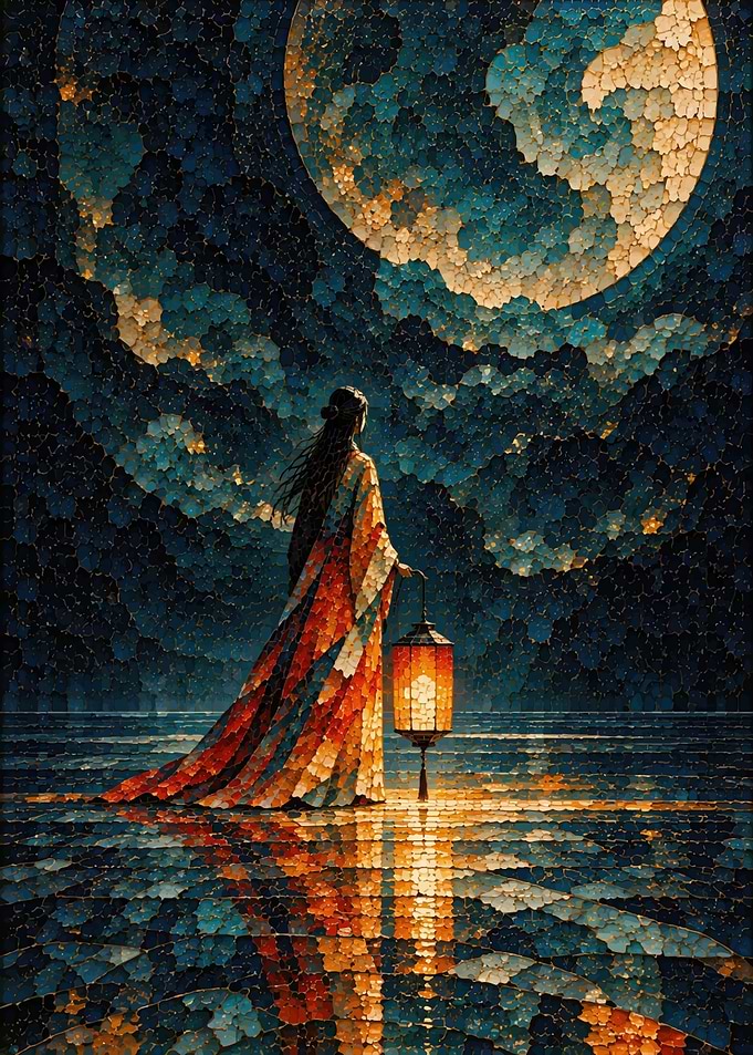 Woman with Lantern Under Moonlit Sky
