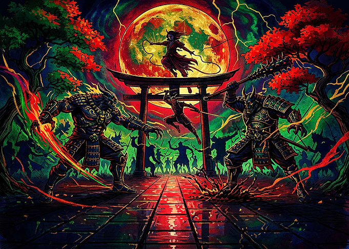 Samurai Demon Battle Under Blood Moon