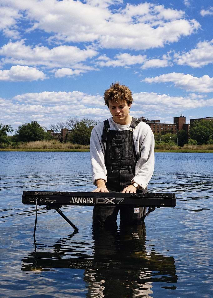Musician playing Yamaha DX7 in lake