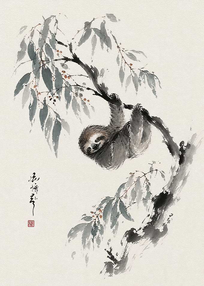 Sumi-e Style Sloth on Branch