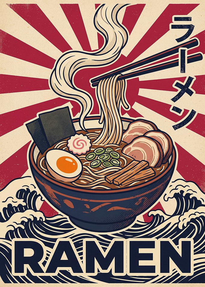 Vintage Japanese Ramen Noodle Bowl Retro Poster Art